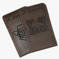 Two brown leather cases with engraved logos on a white background