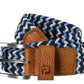 Navy, white, and blue braided belt with brown leather buckle on a white background