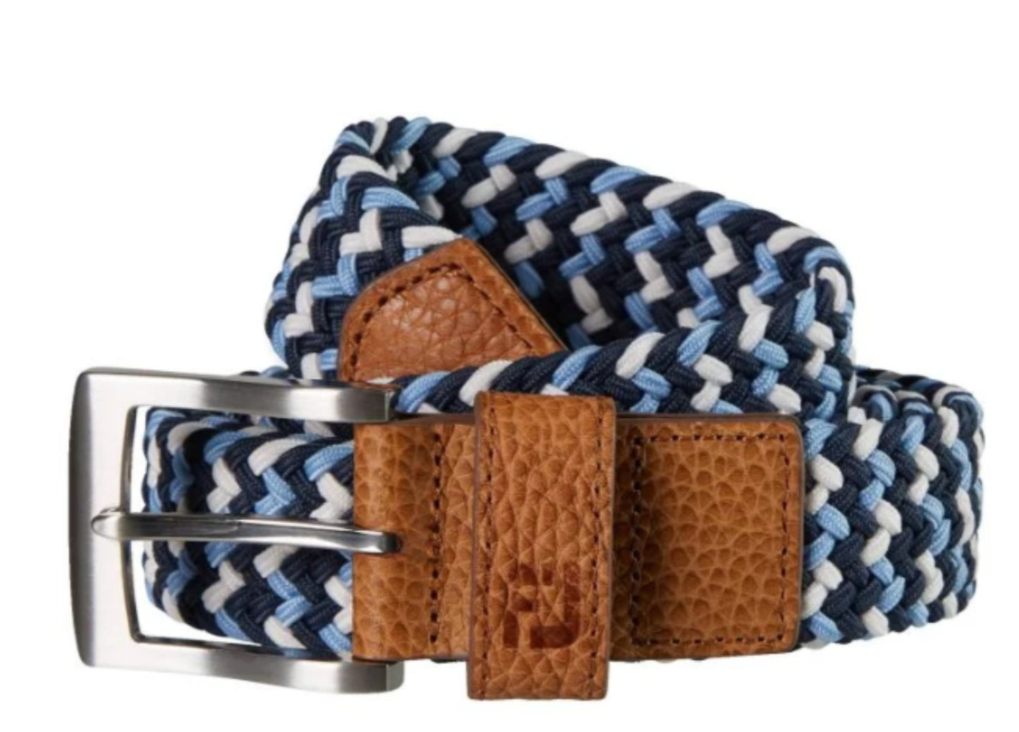 Navy, white, and blue braided belt with brown leather buckle on a white background